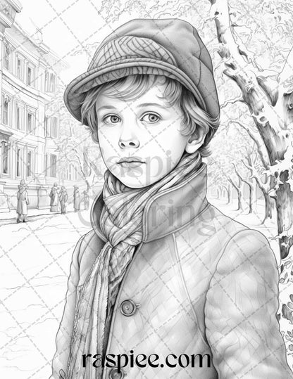 60 Victorian Winter Portrait Grayscale Coloring Pages Printable for Adults, PDF File Instant Download