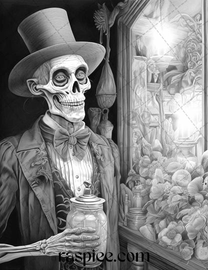 60 Halloween Victorian Era Grayscale Coloring Pages Printable for Adults, PDF File Instant Download