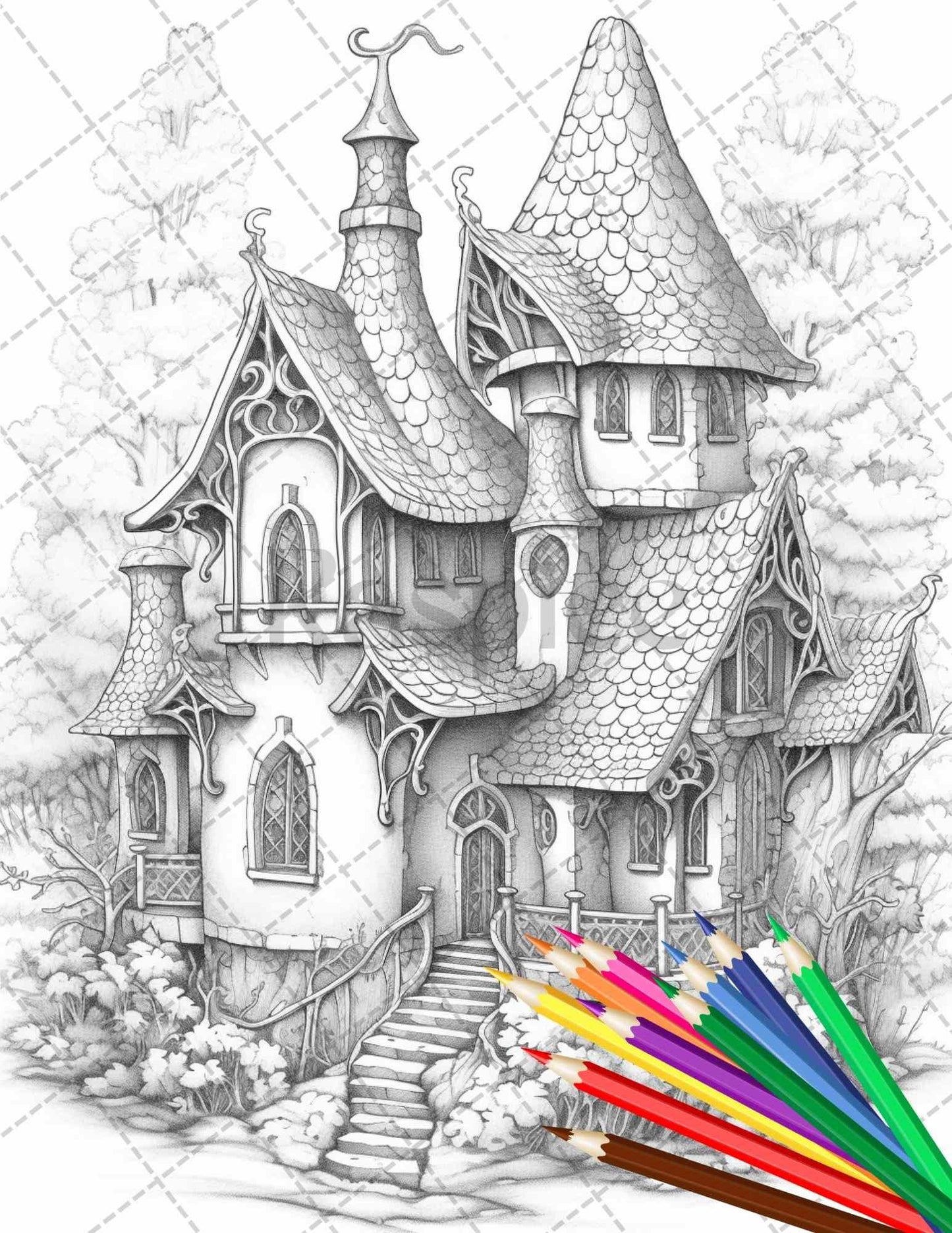 63 Winter Fairy Houses Grayscale Coloring Pages Printable for Adults, PDF File Instant Download