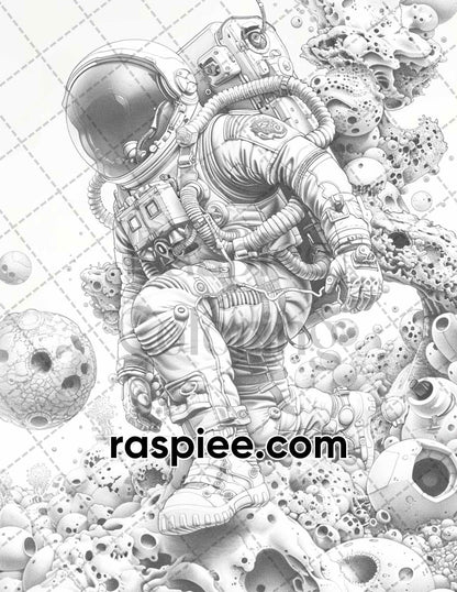 65 Fantasy Astronaut Grayscale Adult Coloring Pages, Printable PDF Instant Download