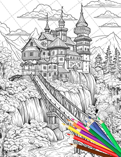 122 Fantasy Castles Coloring Book for Adults, Grayscale Coloring Page, Printable PDF Instant Download