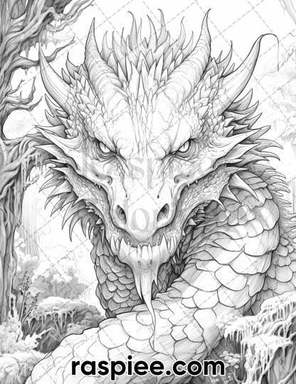 60 Mythical Creatures Grayscale Coloring Pages for Adults, Printable PDF Instant Download