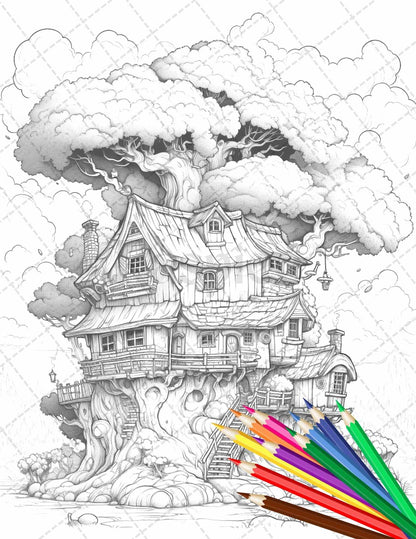 110 Enchanted Treehouse Coloring Book Printable for Adults, Grayscale Coloring Page, PDF File Instant Download