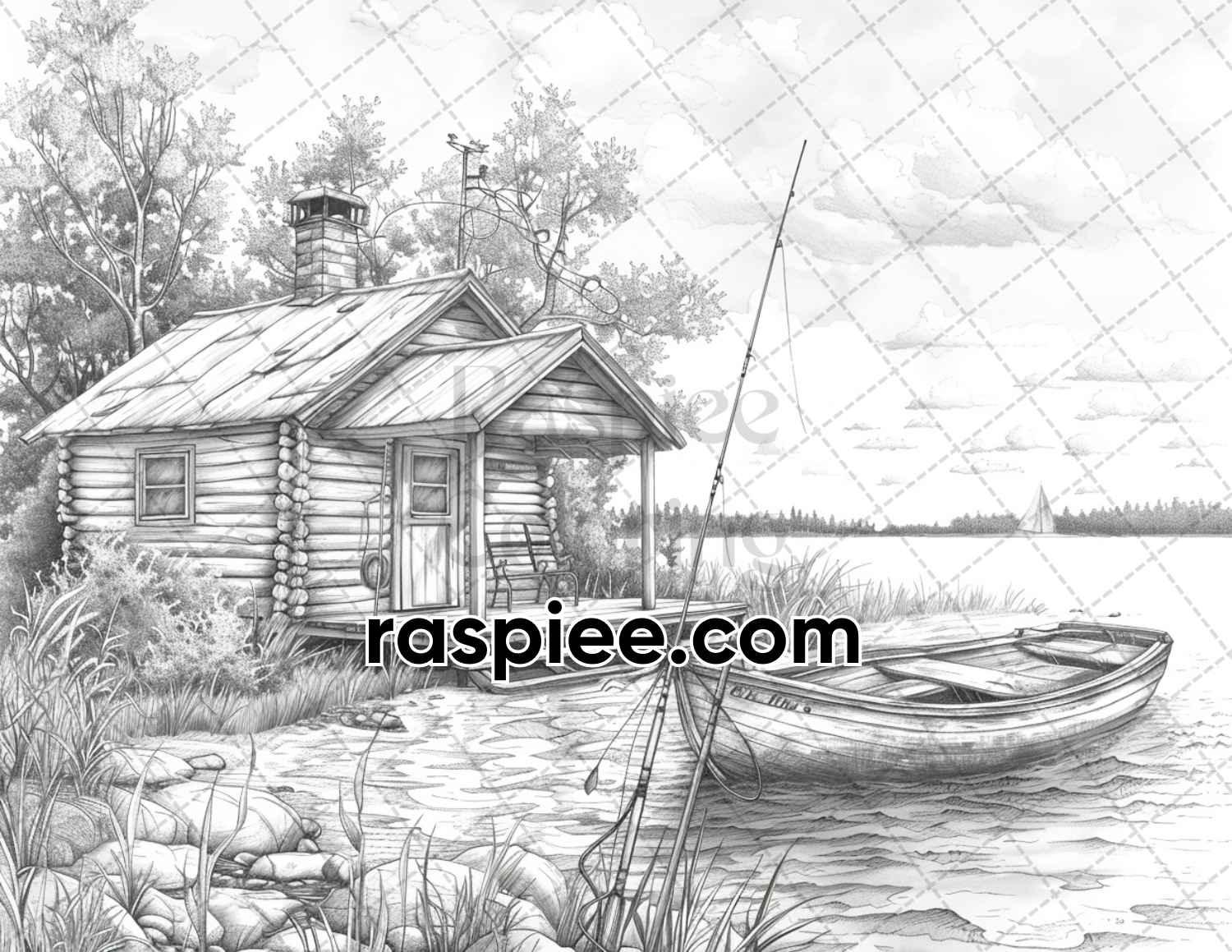 62 Serene Lakeside Cabins Grayscale Adult Coloring Pages, Printable PDF Instant Download