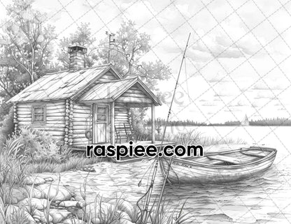 62 Serene Lakeside Cabins Grayscale Adult Coloring Pages, Printable PDF Instant Download