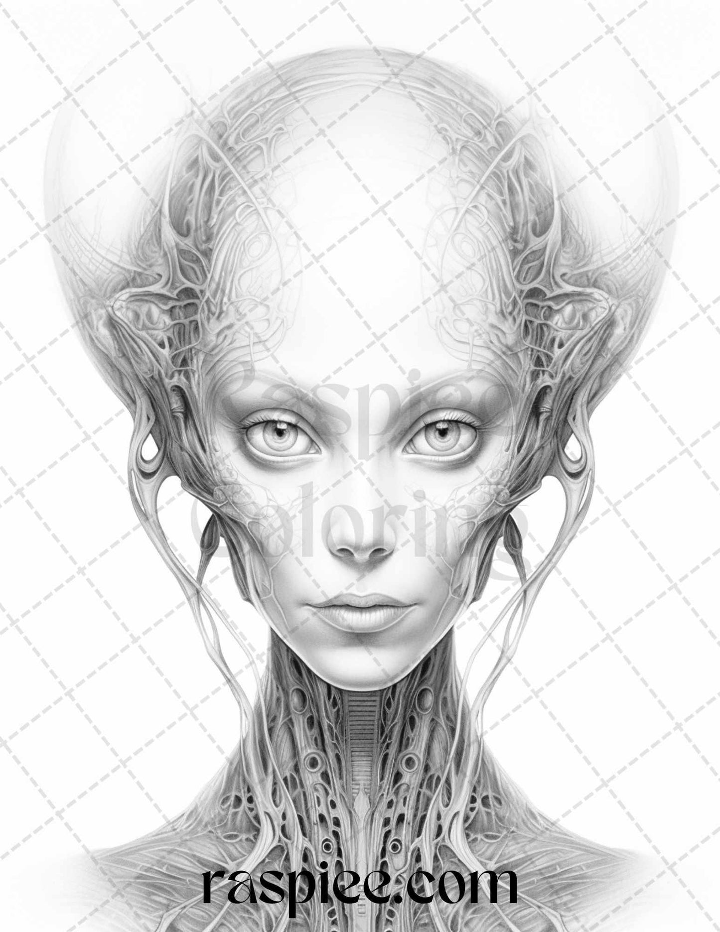 65 Alien Portrait Grayscale Coloring Pages for Adults, Printable PDF File Instant Download