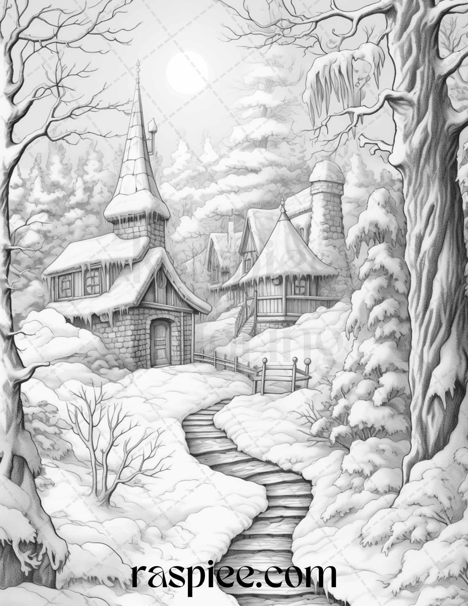 Winter Scenery Grayscale Coloring Pages Printable, Relaxing Snowy Landscapes, PDF File Instant Download
