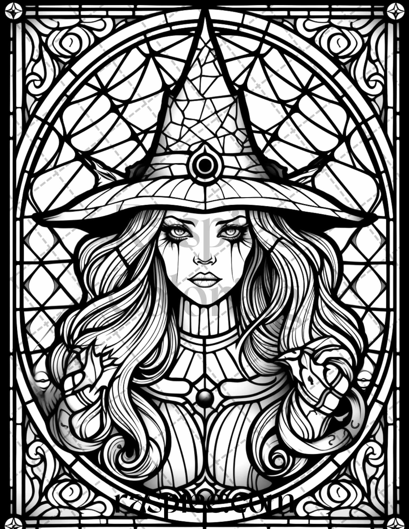 70 Halloween Stained Glass Grayscale Coloring Pages Printable for Adults, PDF File Instant Download