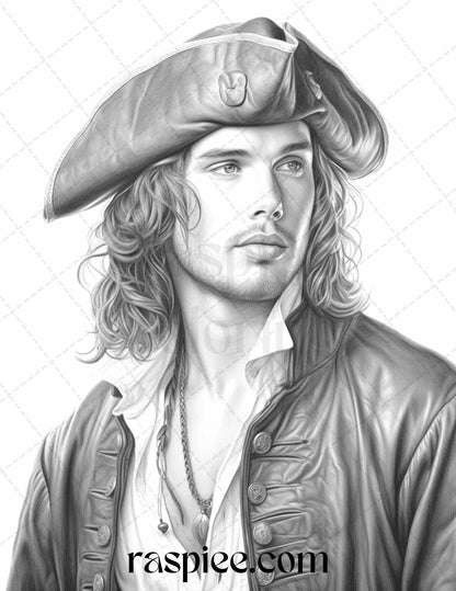 60 Pirate Life Grayscale Coloring Pages Printable for Adults, Stress Relief Coloring, PDF File Instant Download