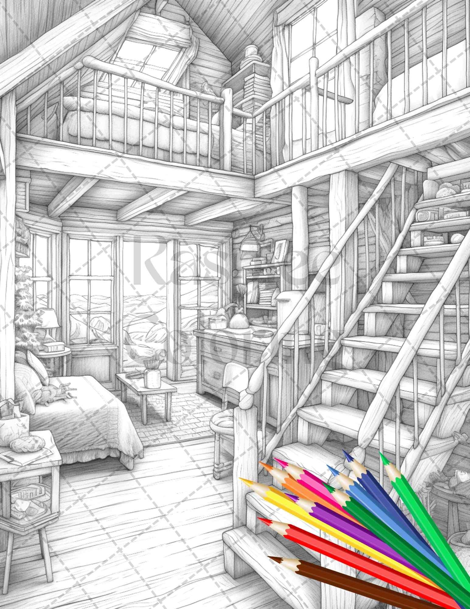 Cozy Cabin Interior Grayscale Coloring Pages Printable for Adults, PDF File Instant Download
