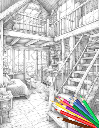 Cozy Cabin Interior Grayscale Coloring Pages Printable for Adults, PDF File Instant Download