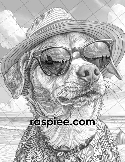 90 Summer Dogs Grayscale Adult Coloring Pages, Printable PDF Instant Download
