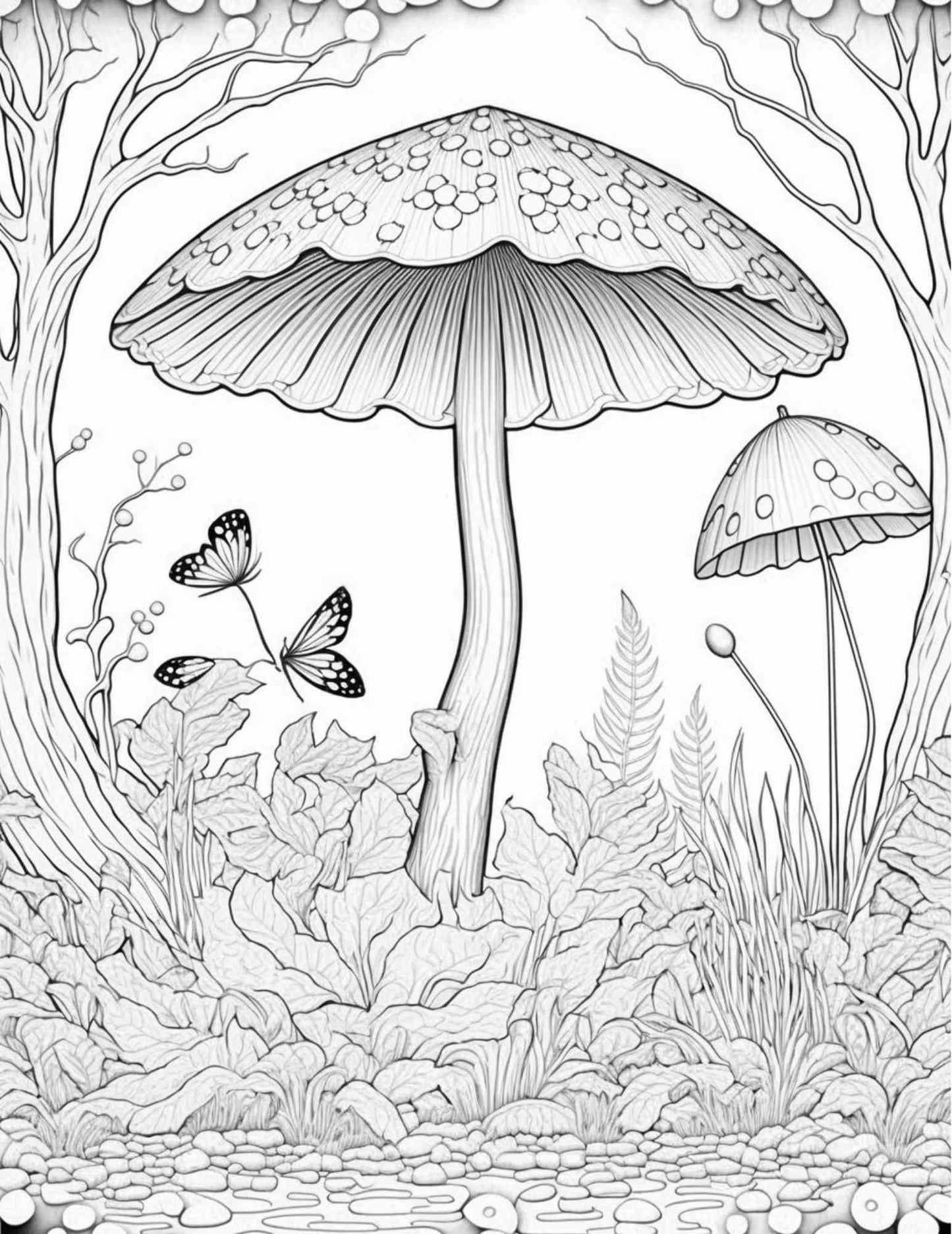 100 Mushroom Forest Coloring Pages Printable for Adults and Kids, Grayscale Coloring Book, Printable PDF File Instant Download