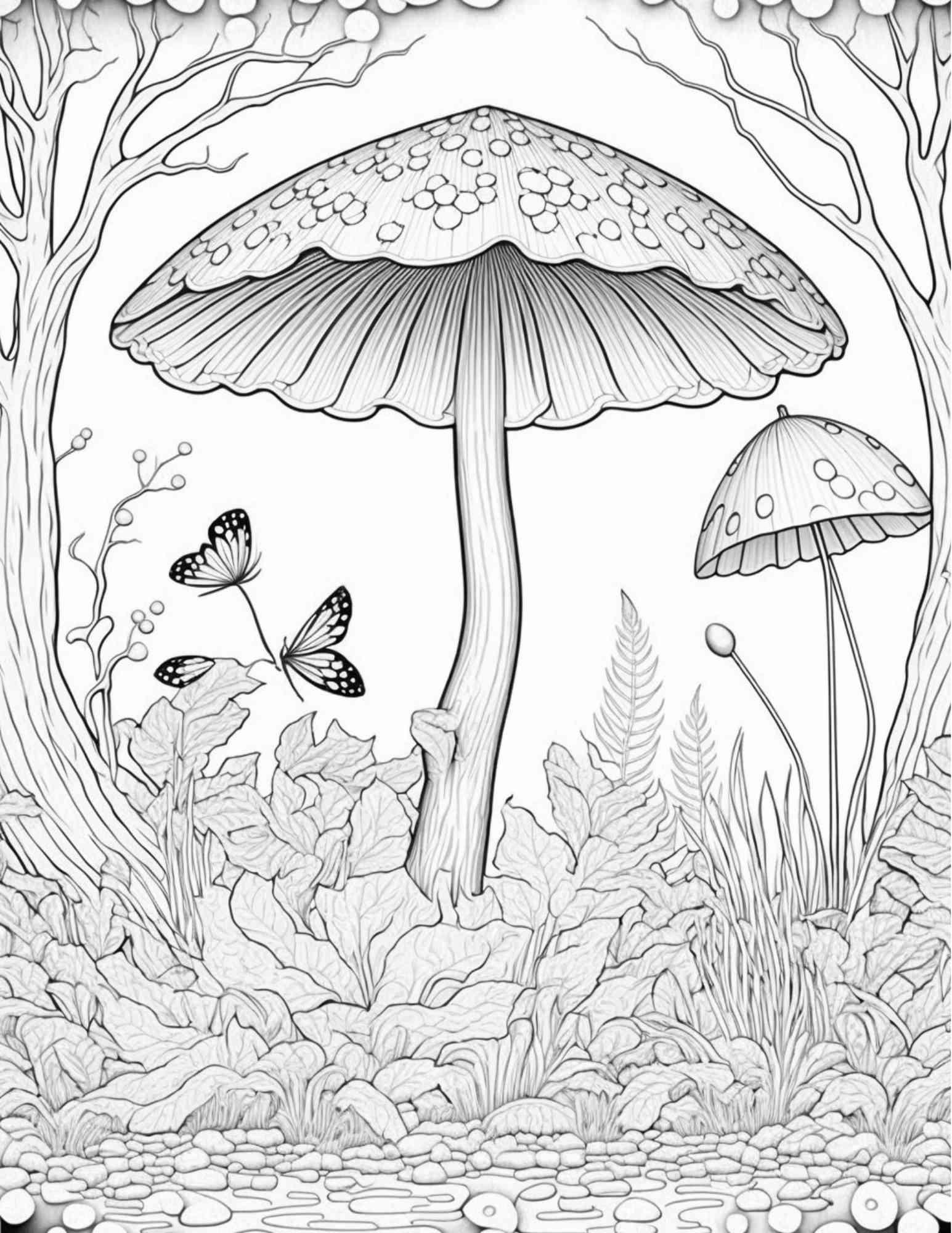 100 Mushroom Forest Coloring Pages Printable for Adults and Kids, Grayscale Coloring Book, Printable PDF File Instant Download