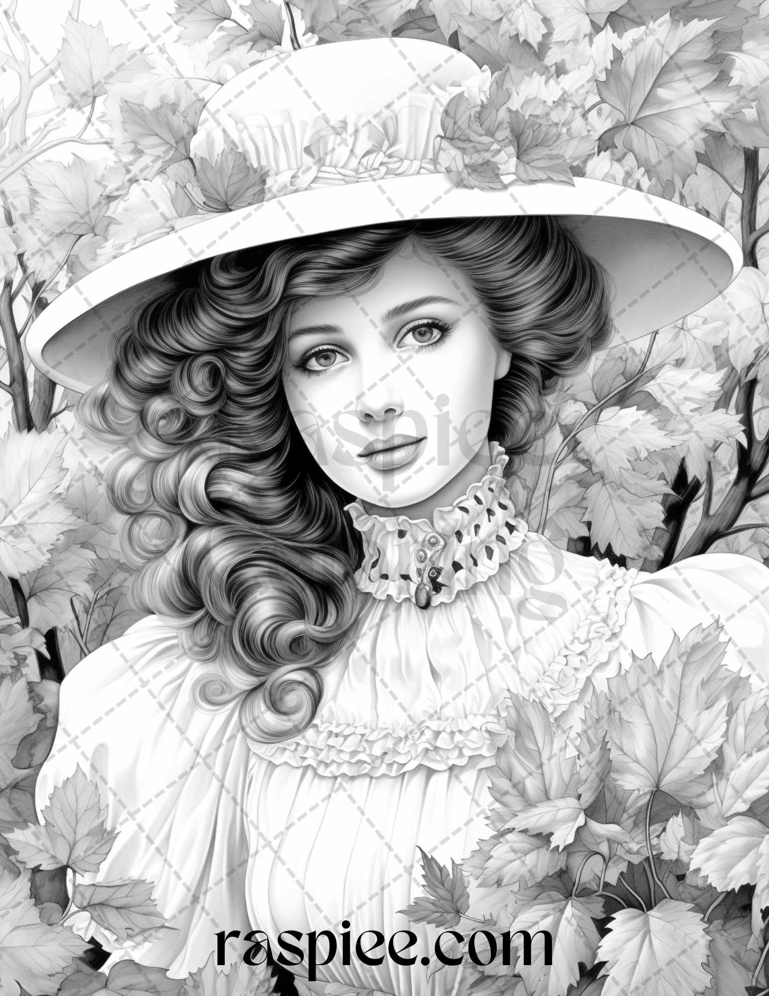 60 Victorian Autumn Portrait Grayscale Coloring Pages Printable for Adults, PDF File Instant Download