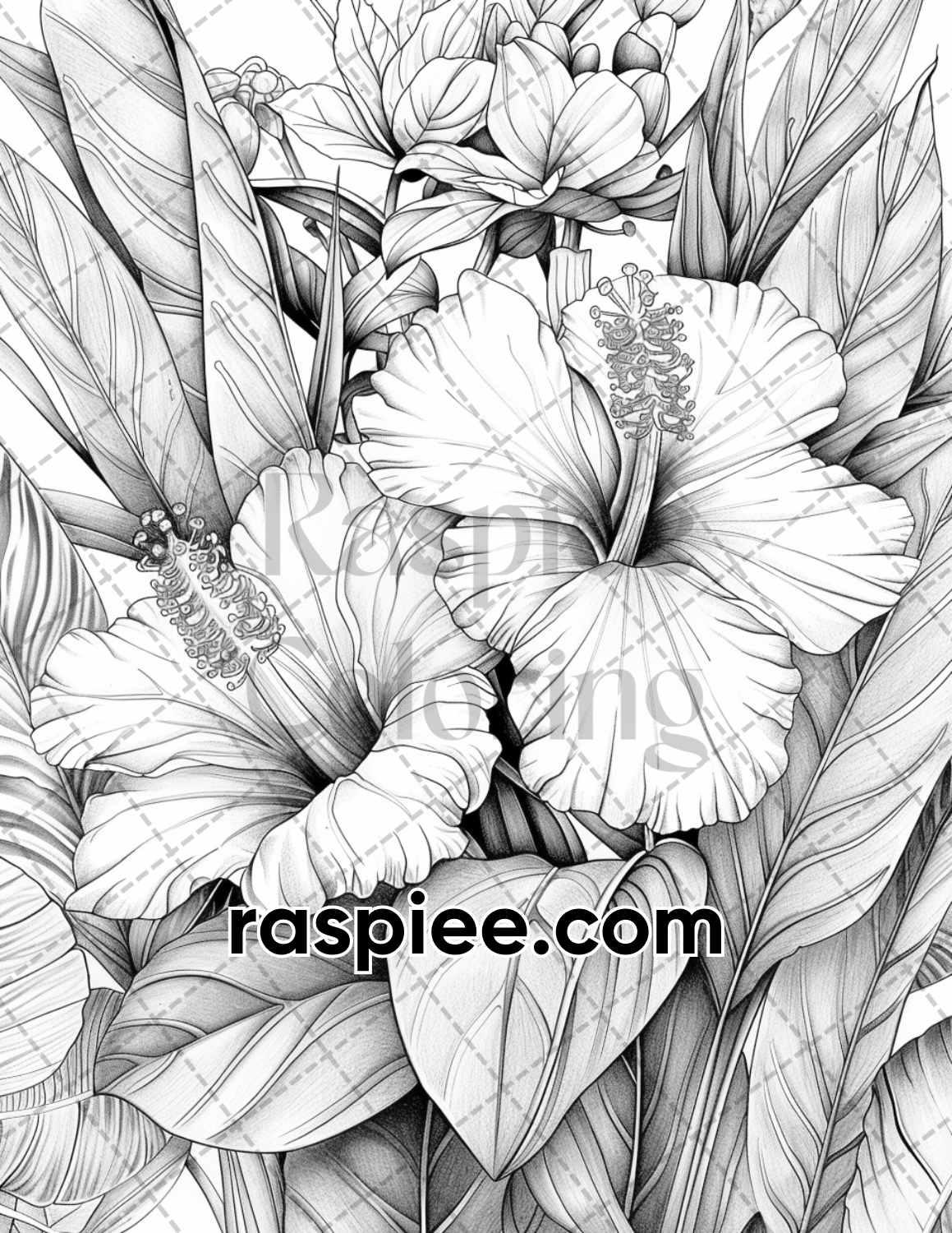 65 Tropical Flowers Grayscale Adult Coloring Pages Printable PDF Instant Download