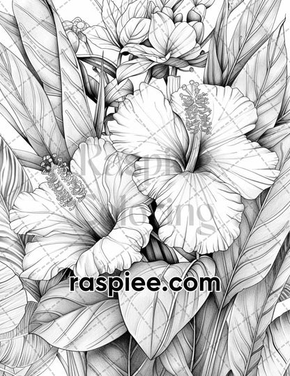 65 Tropical Flowers Grayscale Adult Coloring Pages Printable PDF Instant Download