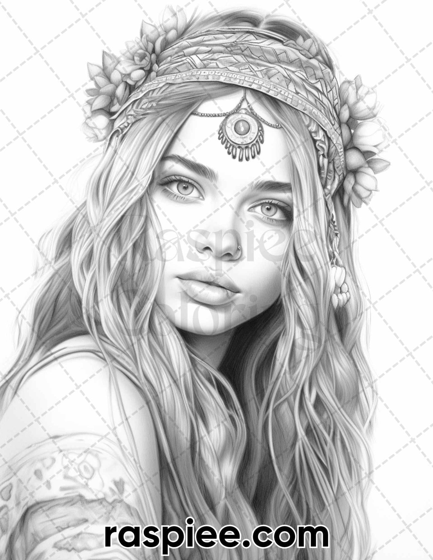 60 Bohemian Beauties Grayscale Coloring Pages for Adults, Printable PDF Instant Download