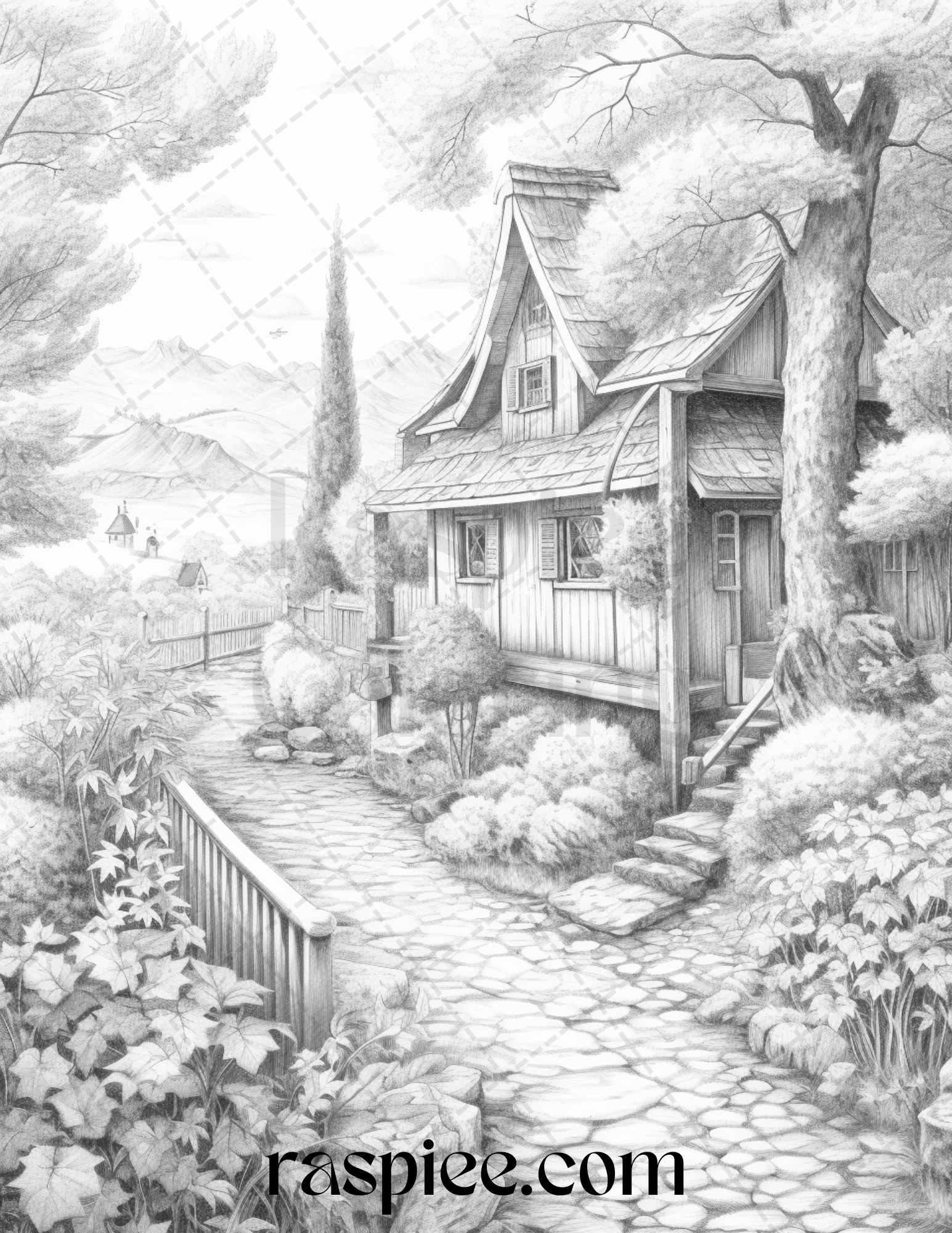 Autumn Scenery Grayscale Coloring Pages Printable for Adults, PDF File Instant Download