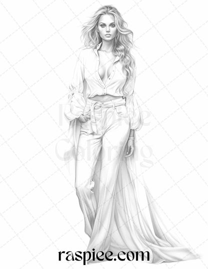 Fashion Show Grayscale Coloring Pages Printable for Adults, PDF File Instant Download