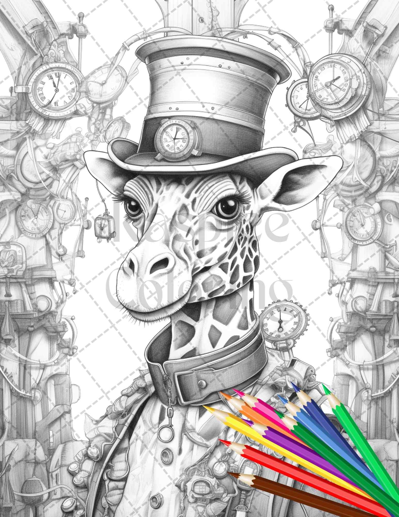 60 Steampunk Animals Grayscale Coloring Pages Printable for Adults, PDF File Instant Download