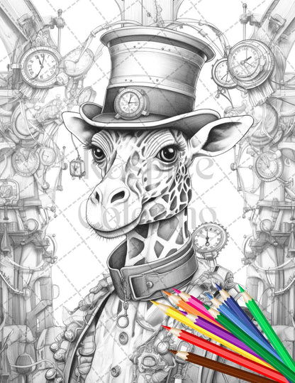 60 Steampunk Animals Grayscale Coloring Pages Printable for Adults, PDF File Instant Download