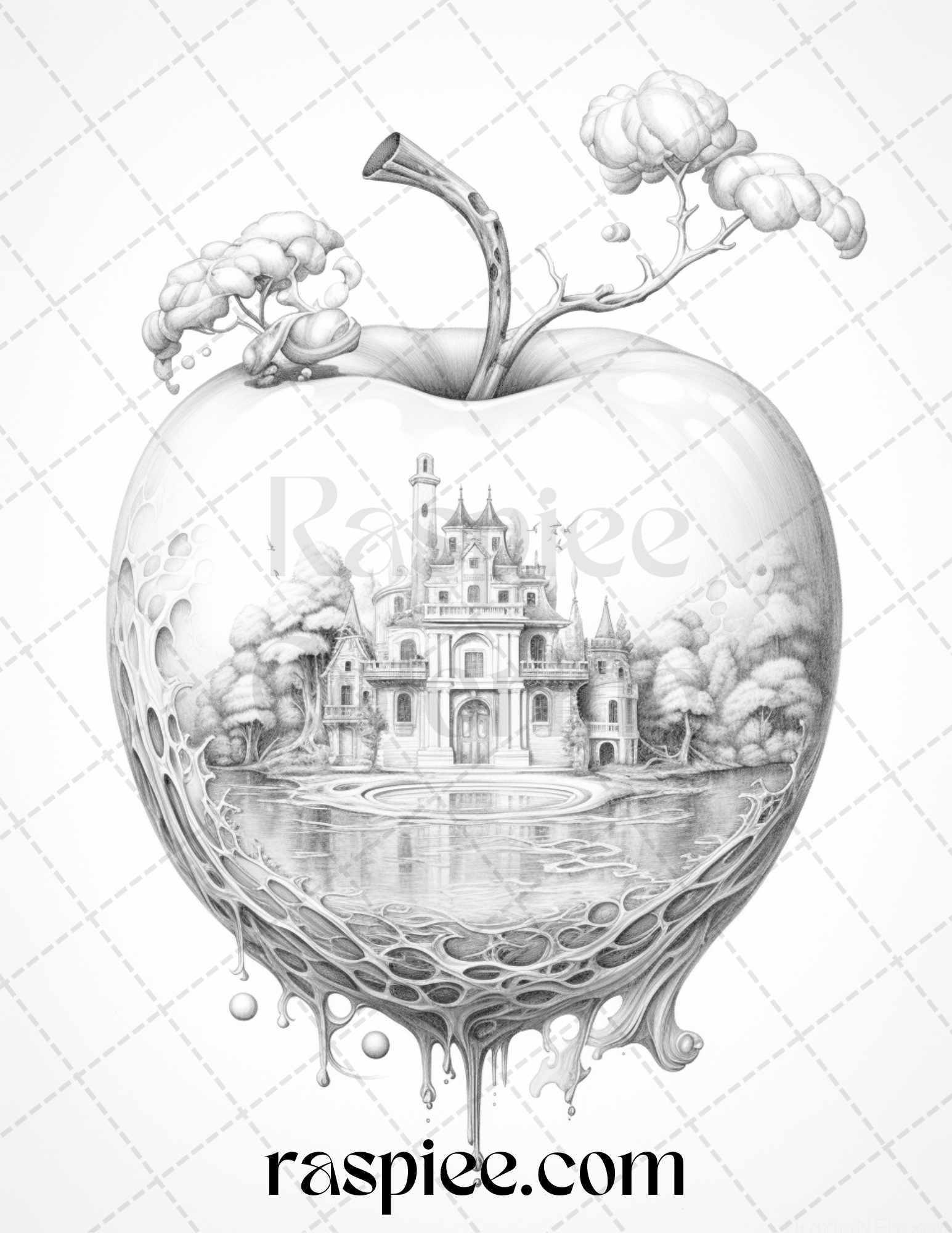60 Miniworld in the Apple Grayscale Coloring Pages Printable for Adults, PDF File Instant Download