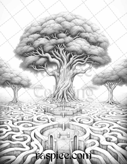 60 Enchanting Surrealism Grayscale Coloring Pages Printable for Adults, PDF File Instant Download