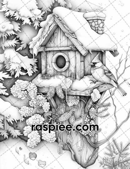 70 Enchanted Birdhouses Grayscale Adult Coloring Pages, Printable PDF Instant Download