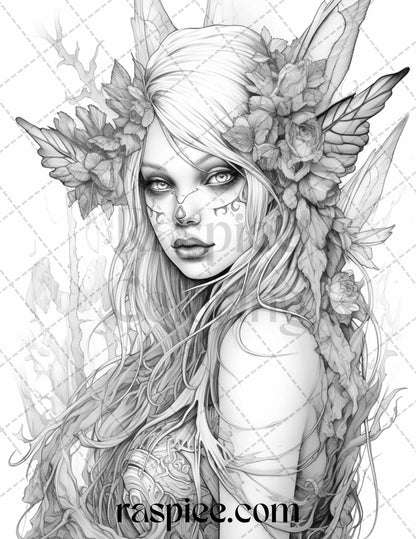 60 Halloween Zombie Fairy Grayscale Coloring Pages Printable for Adults, PDF File Instant Download