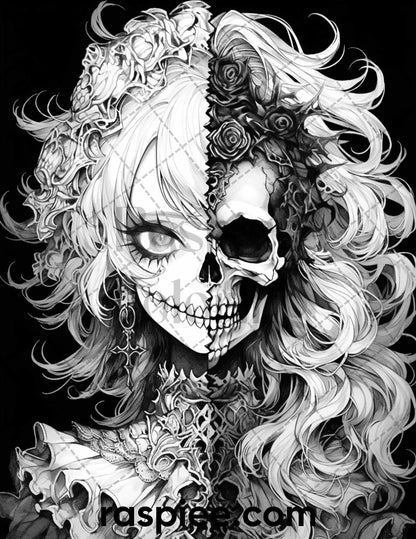 60 Horror Beauties Grayscale Coloring Pages Printable for Adults, PDF File Instant Download