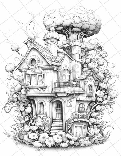 60 Flower Houses Grayscale Coloring Pages Printable for Adults, PDF File Instant Download