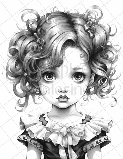 60 Adorable Gothic Girls Grayscale Coloring Pages Printable for Adults, PDF File Instant Download