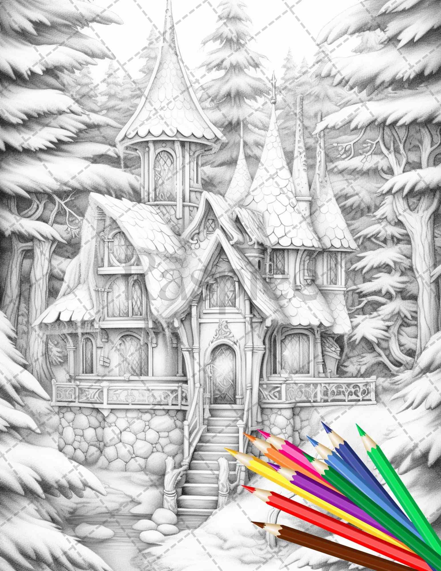 63 Winter Fairy Houses Grayscale Coloring Pages Printable for Adults, PDF File Instant Download