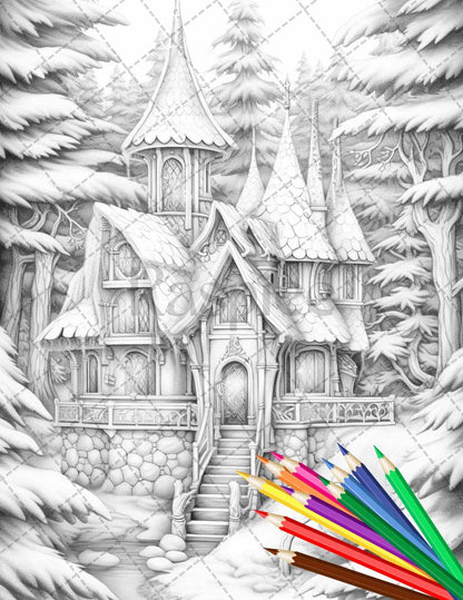 63 Winter Fairy Houses Grayscale Coloring Pages Printable for Adults, PDF File Instant Download