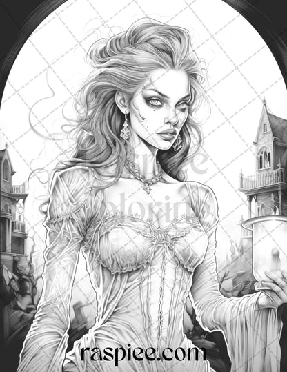 60 Halloween Vampire Grayscale Coloring Pages Printable for Adults, PDF File Instant Download