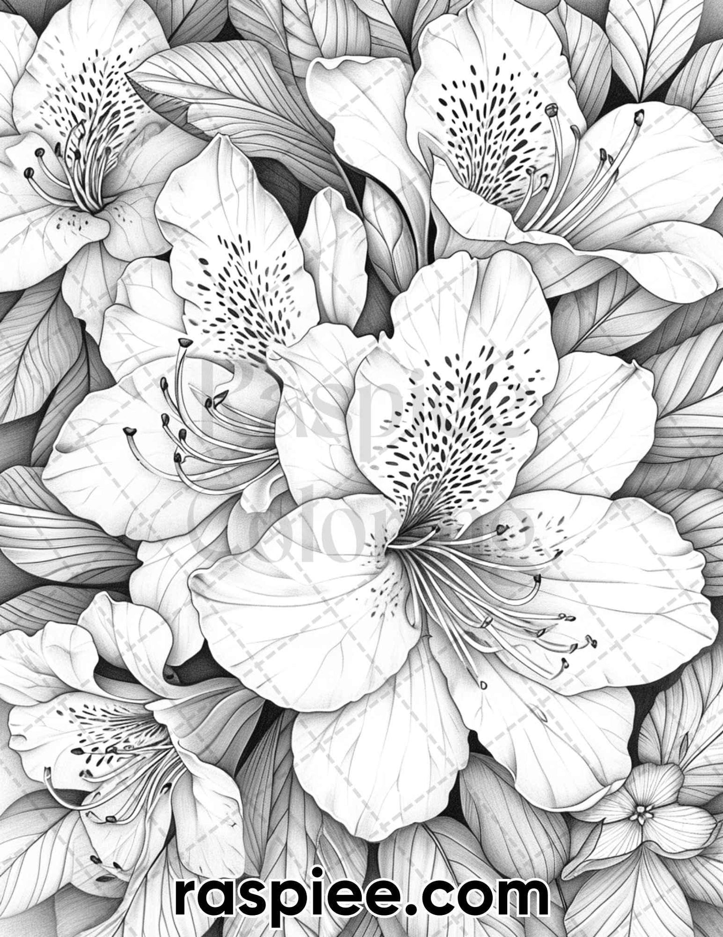 60 Spring Blossoms Grayscale Adult Coloring Pages, Printable PDF Instant Download