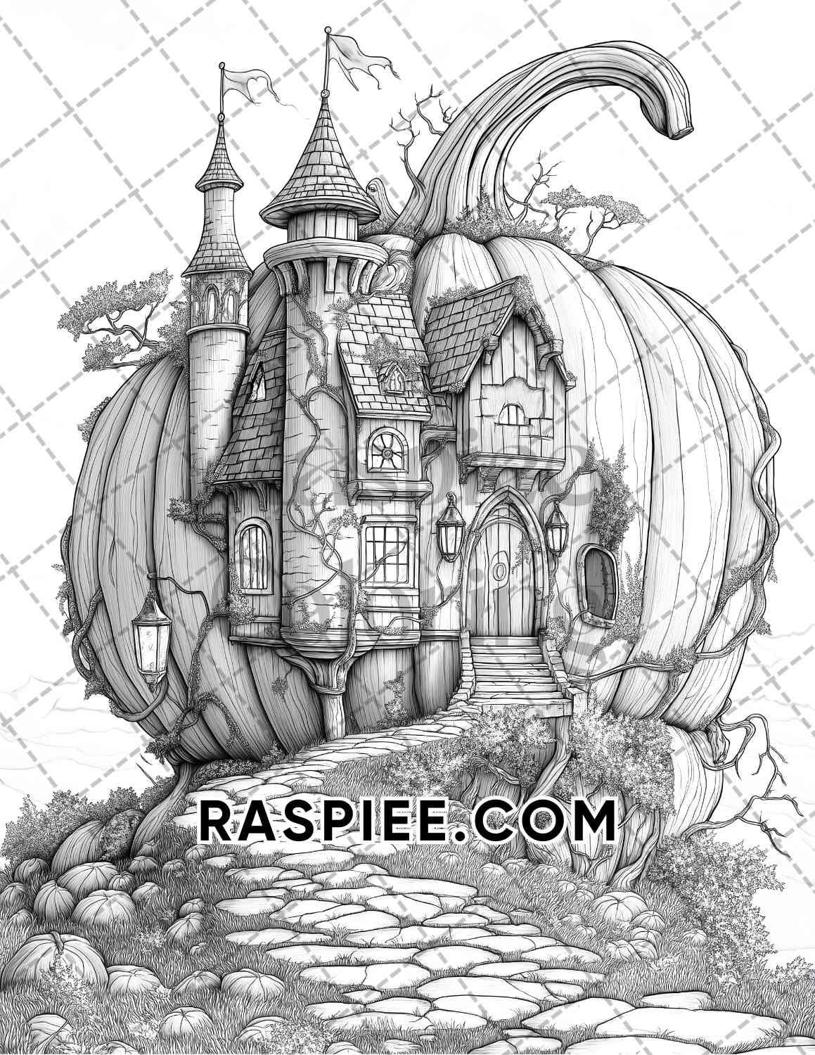 Fantasy Giant Pumpkin Castles Adult Coloring Pages Printable PDF Instant Download
