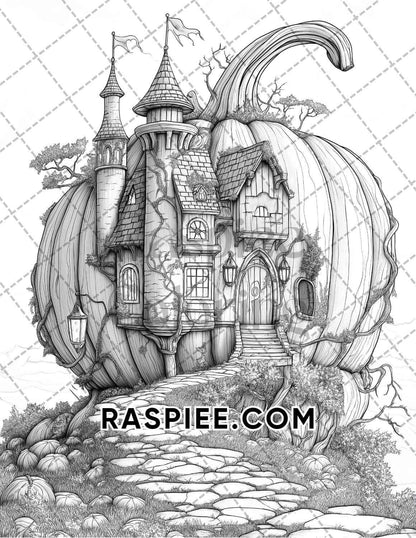 Fantasy Giant Pumpkin Castles Adult Coloring Pages Printable PDF Instant Download