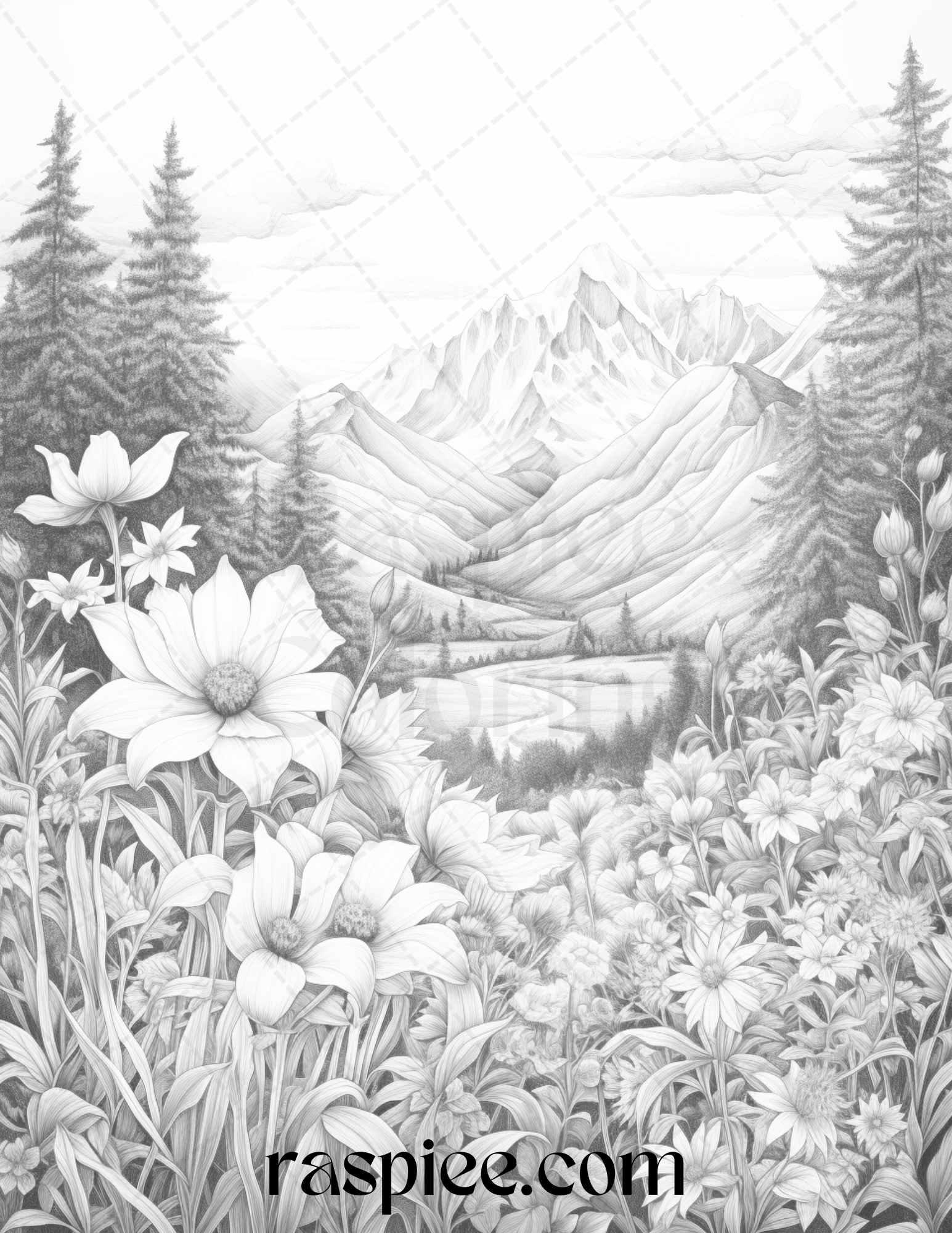60 Mountain Flower Landscapes Grayscale Coloring Pages Printable for Adults, PDF File Instant Download