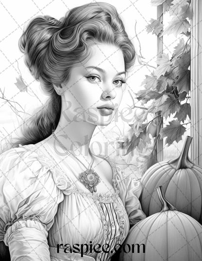60 Victorian Autumn Portrait Grayscale Coloring Pages Printable for Adults, PDF File Instant Download