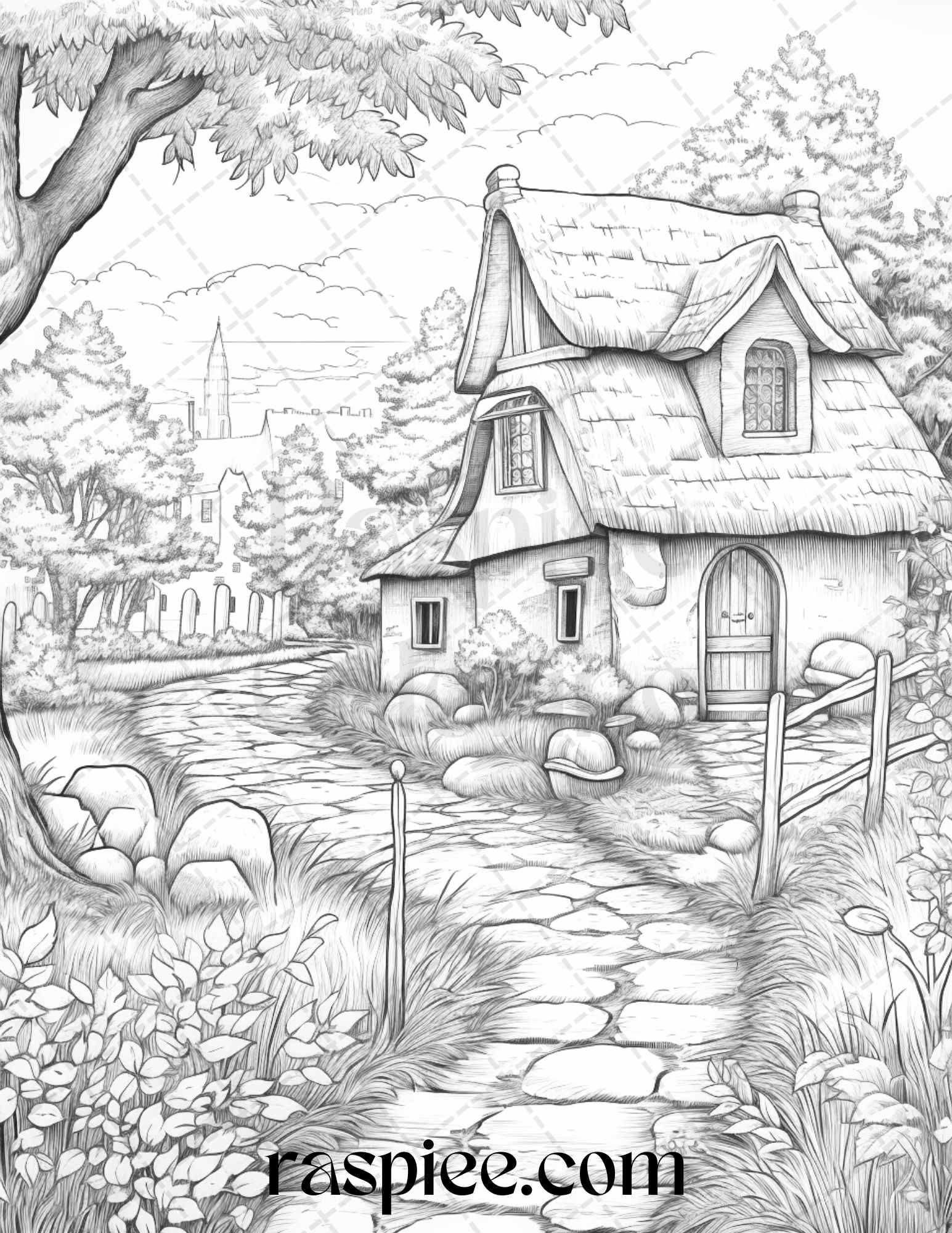 Autumn Scenery Grayscale Coloring Pages Printable for Adults, PDF File Instant Download