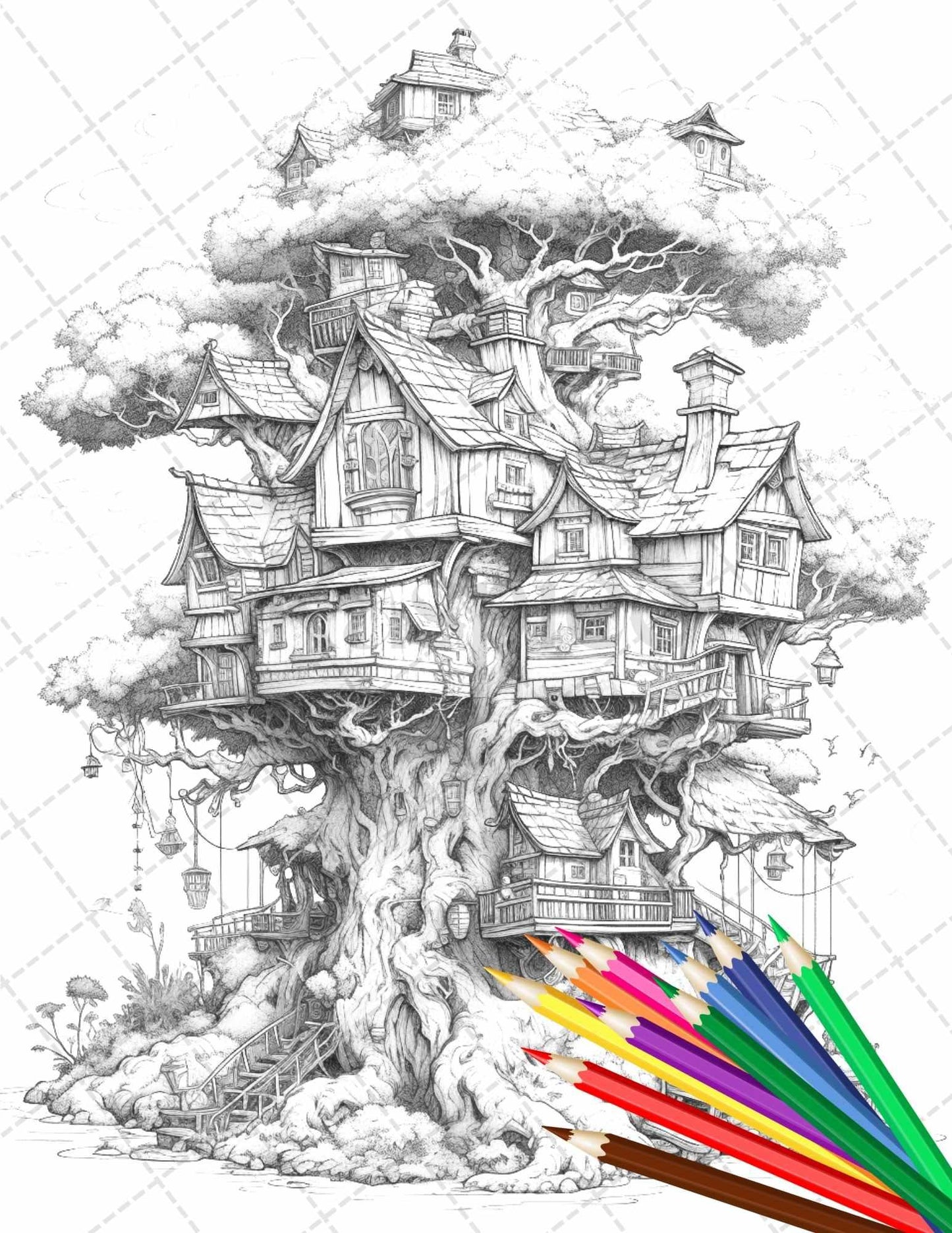 110 Enchanted Treehouse Coloring Book Printable for Adults, Grayscale Coloring Page, PDF File Instant Download