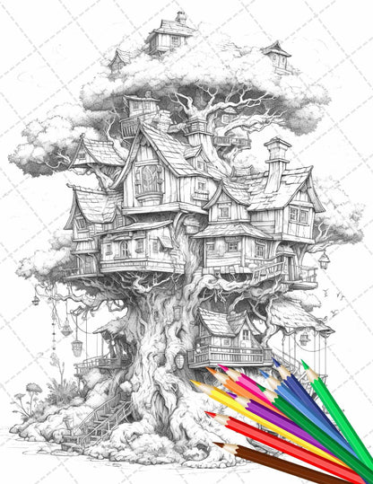 110 Enchanted Treehouse Coloring Book Printable for Adults, Grayscale Coloring Page, PDF File Instant Download