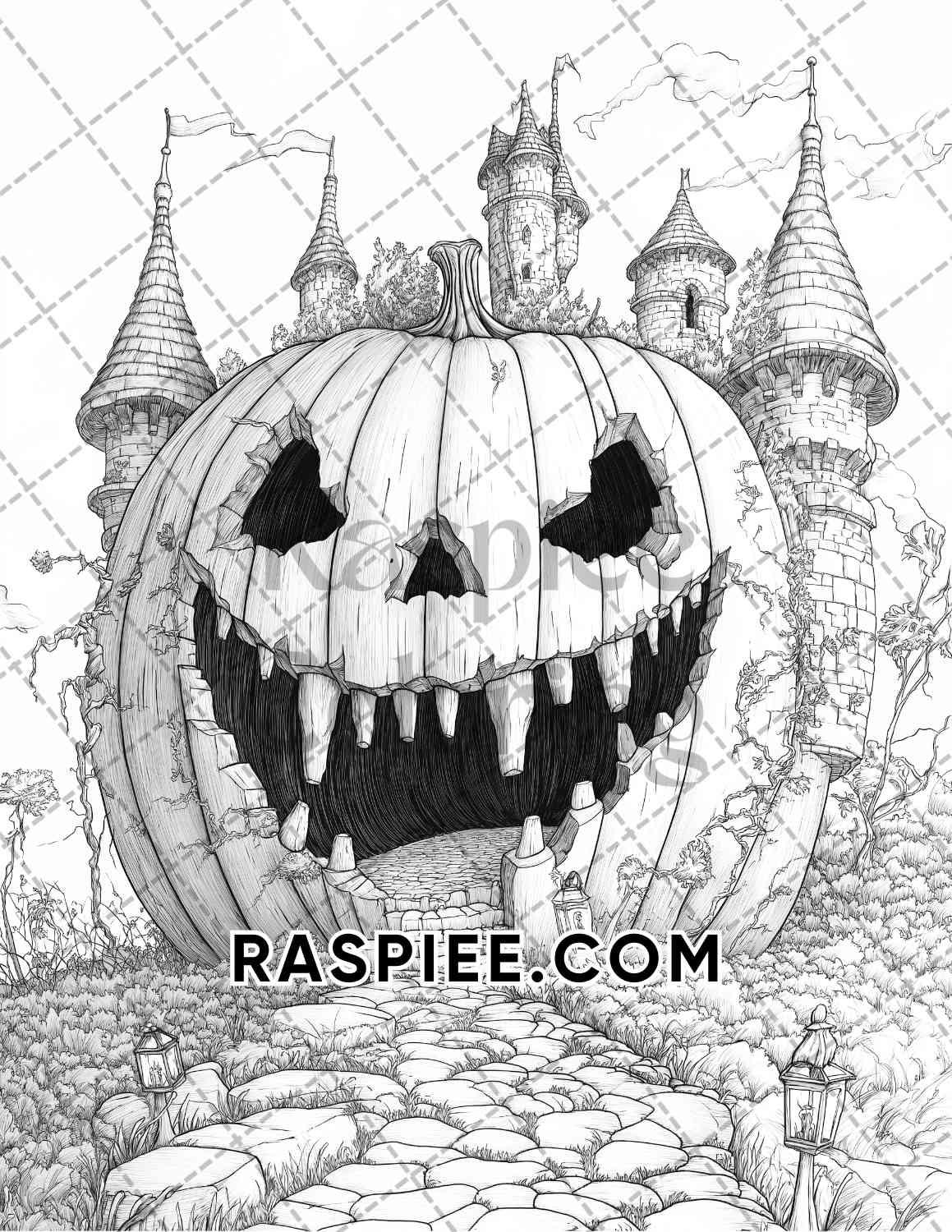 Fantasy Giant Pumpkin Castles Adult Coloring Pages Printable PDF Instant Download