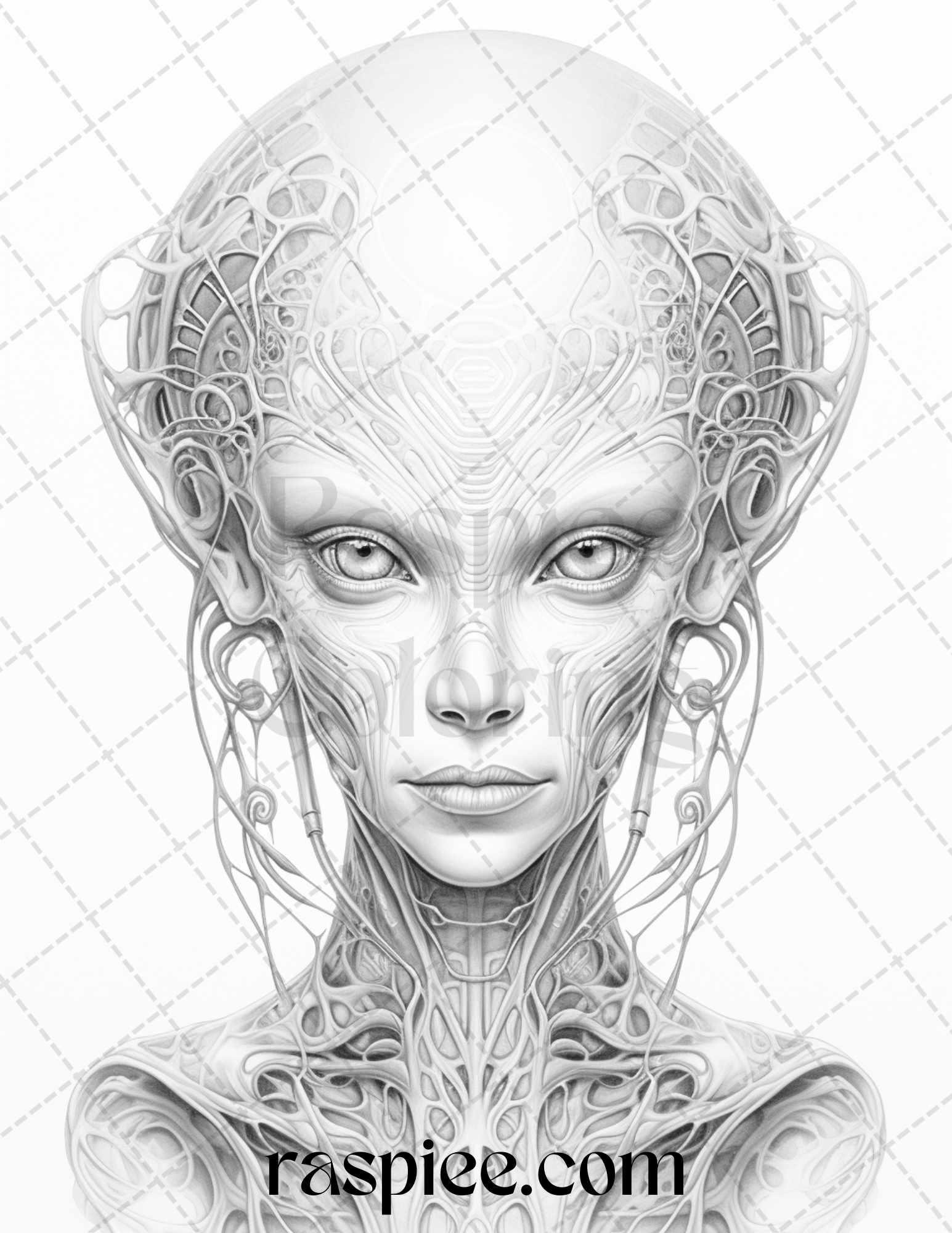 65 Alien Portrait Grayscale Coloring Pages for Adults, Printable PDF File Instant Download