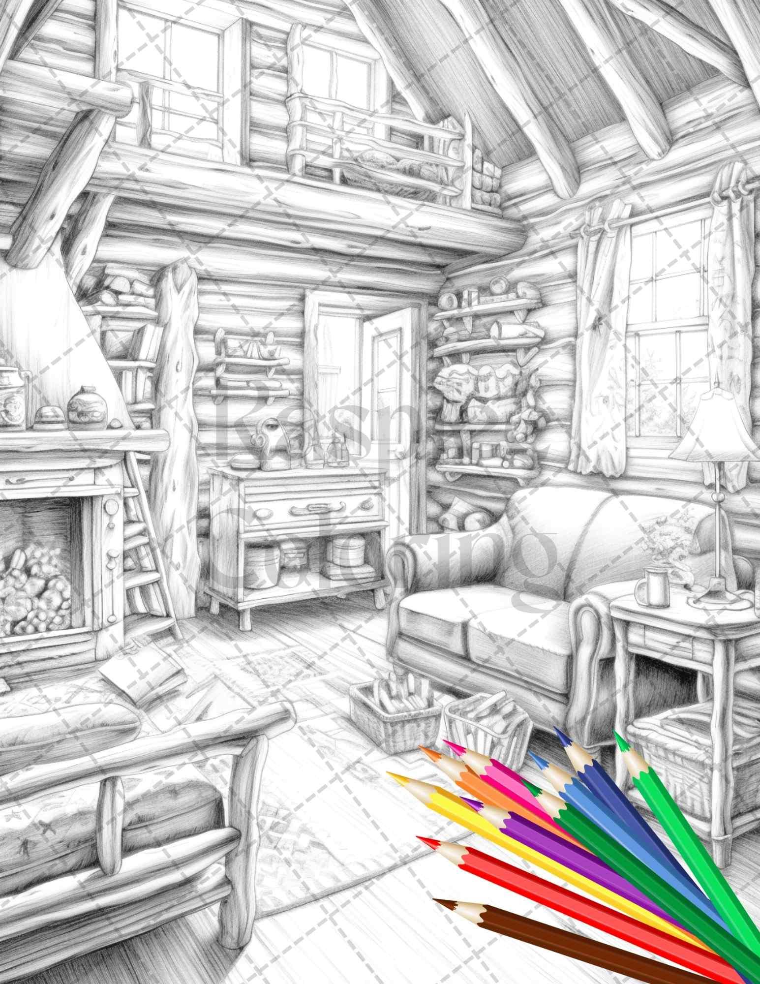 Cozy Cabin Interior Grayscale Coloring Pages Printable for Adults, PDF File Instant Download