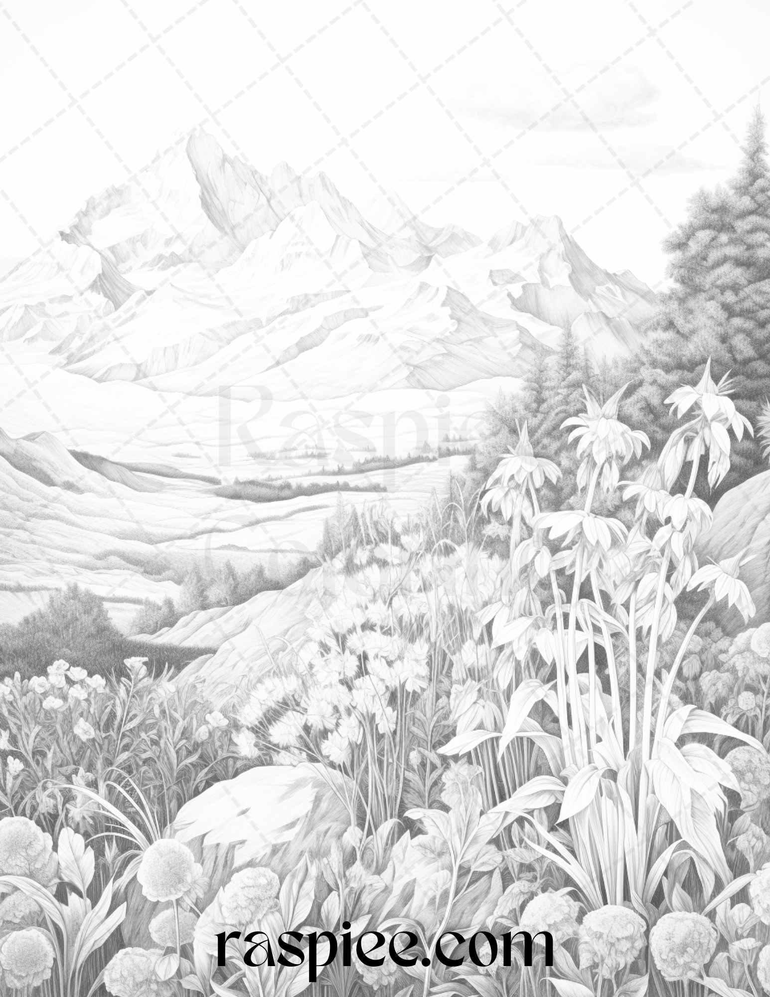 60 Mountain Flower Landscapes Grayscale Coloring Pages Printable for Adults, PDF File Instant Download