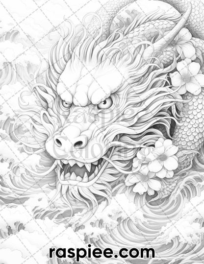 60 Mythical Creatures Grayscale Coloring Pages for Adults, Printable PDF Instant Download