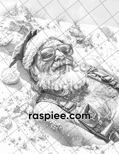 60 Santa Christmas in July Grayscale Adult Coloring Pages Printable PDF Instant Download